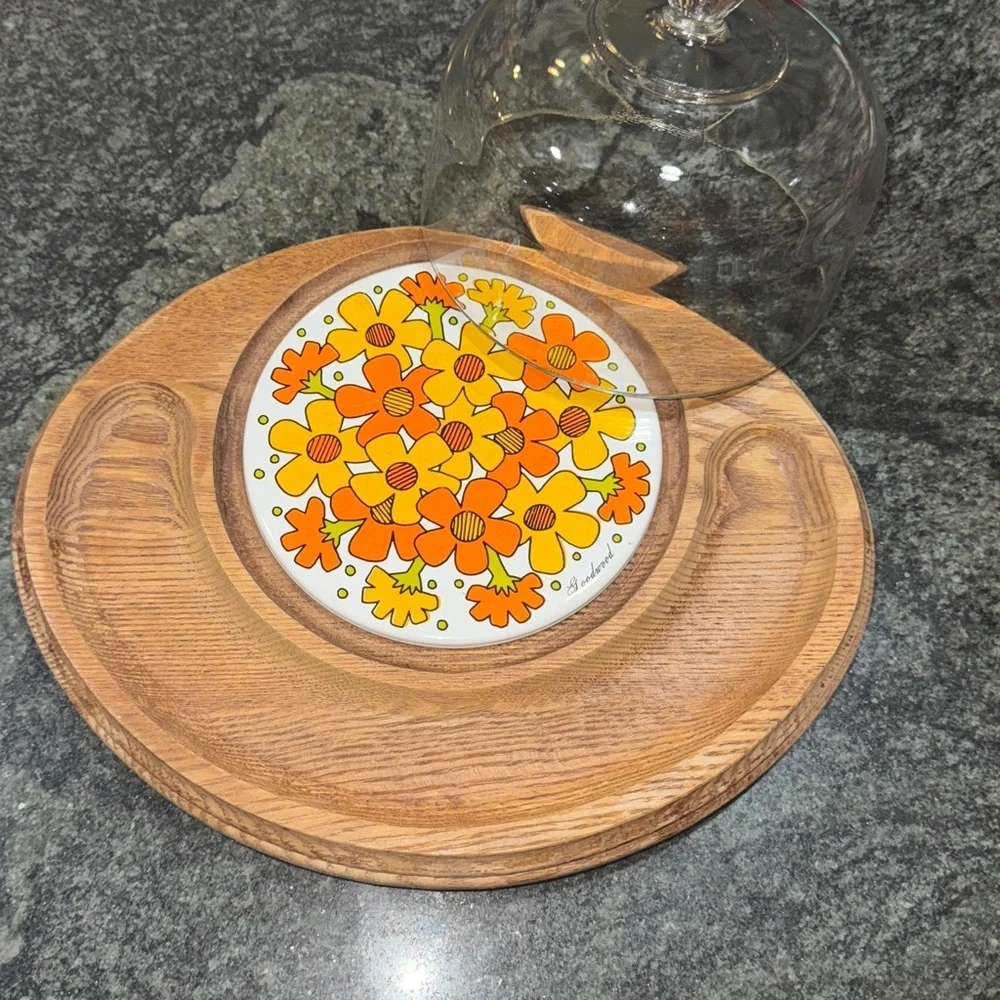 Vintage  - teak wood Cheese Board with Glass Dome Goodwood Japan Mid Century